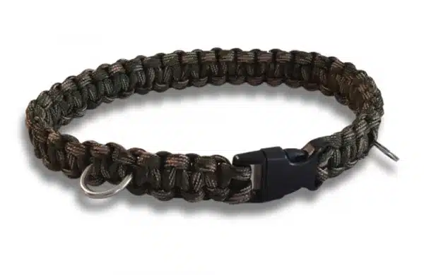 a handmade dog collar braided in the traditional cobra knot style using a camouflage pattern paracord 550