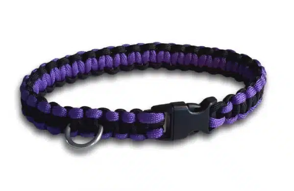 A handmade dog collar braided with purple and black paracord 550 in the cobra knot style