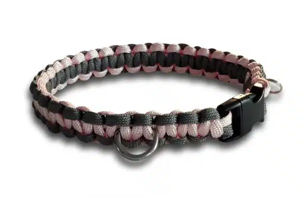 A handmade grey & pink dog collar braided using paracord 550 in the cobra knot style