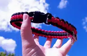 A handmade dog collar braided with black and red paracord 550 in the cobra knot style