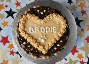 A round 5"diameter cake for dogs on a star background. The cake is personalised with the name 'Brodie' in white yoghurt icing