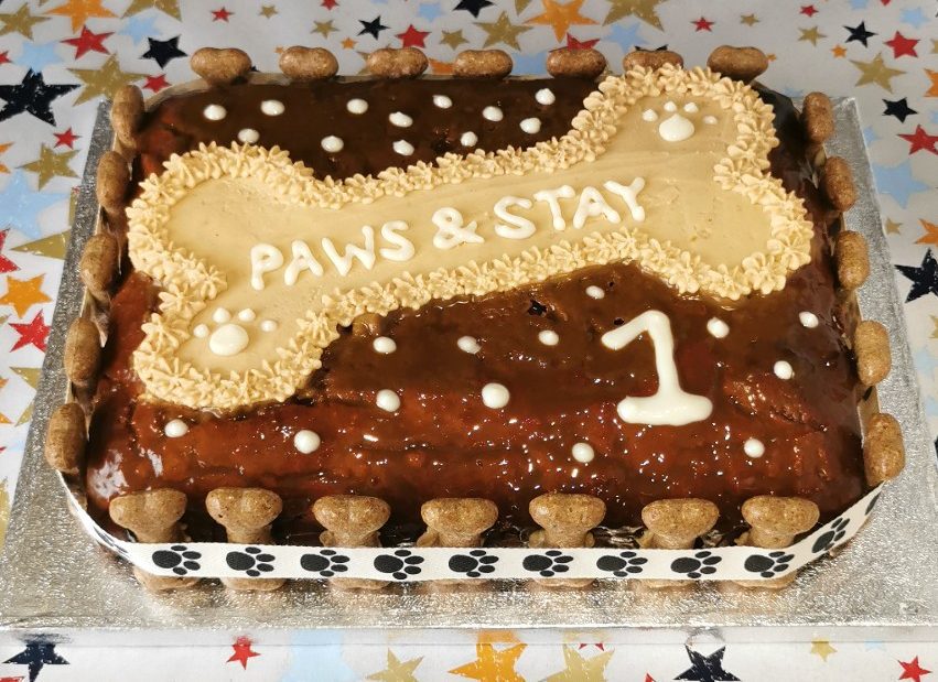 A large birthday cake for dogs in natural brown tones on a star pattern background decorated with a bone shape and paw print ribbon, personalised it says 'Paws & Stay' on the bone shape and the number
