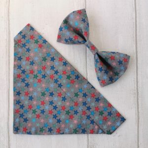 dog bandana and bow tie grey stars